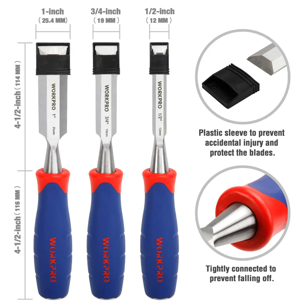 WORKPRO-Wood Chisel Set para Carpintaria, Ferramentas de escultura em madeira, Chip Detalhe Chisel Set, Ferramenta Facas, 3 Pcs