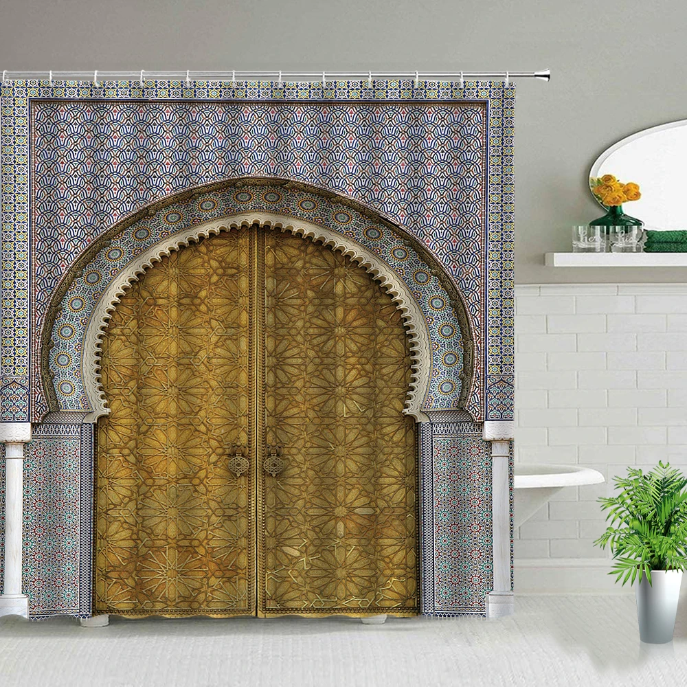 Moroccan Yellow Antique Arched Doors Shower Curtains Old Vintage Wooden Door Bathroom Waterproof Fabric Bath Curtains With Hooks