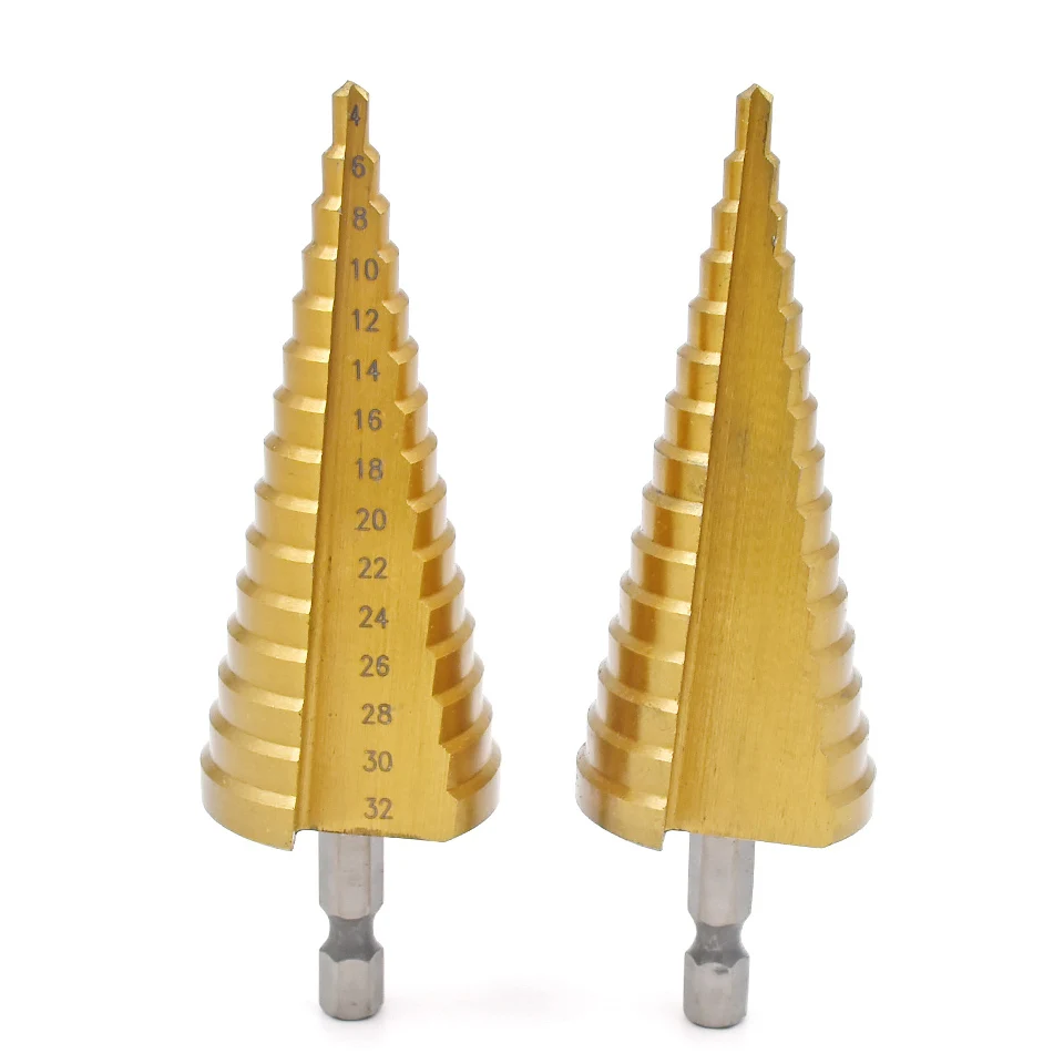 Toofit 1pc HSS Steel Titanium Step Drill Bits Step Cone Cutting Tools Steel Woodworking Wood Metal Drilling 3-12 4-12/20/32mm