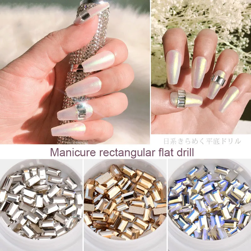 

50Pcs / Box Rhinestone Nail Art Elongated rectangle Shape Rectangle Glass Flame Colored Stones For 3D Nail Decoration