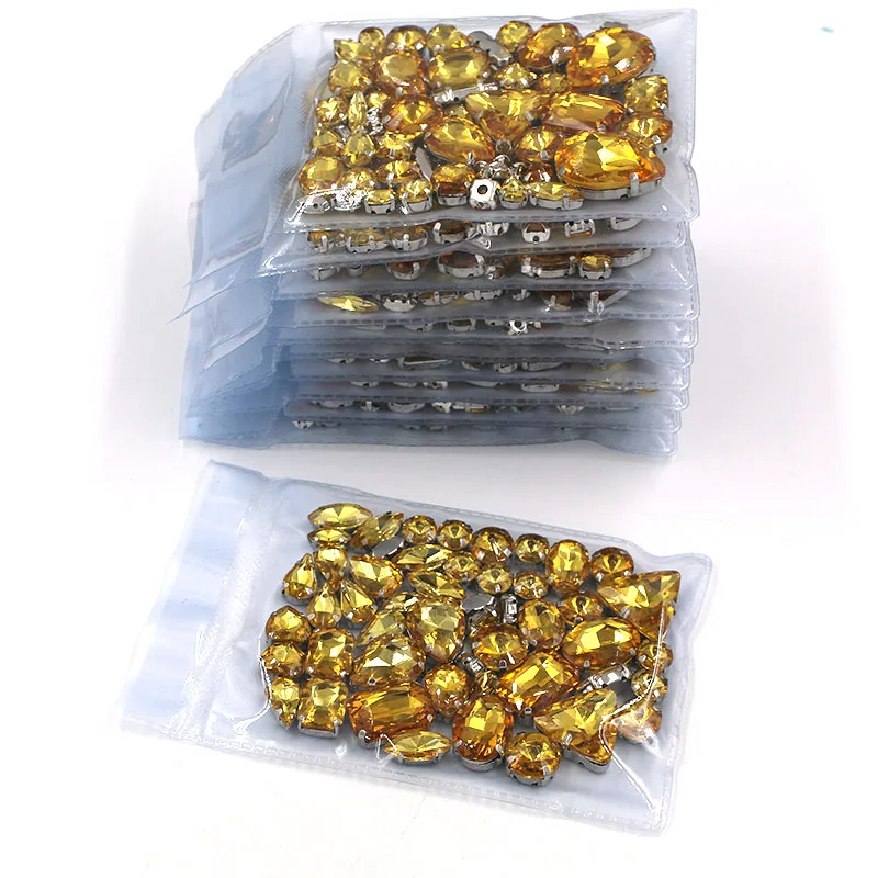 Atacado 5 sacos strass em formato misto dourado amarelo cristal costura em strass base garras roupas faça você mesmo