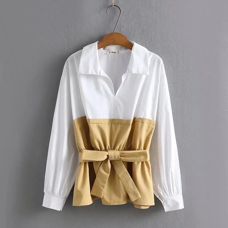 Large women's spring new fashion V-Neck long sleeve splicing belt Plus Size long sleeve shirt