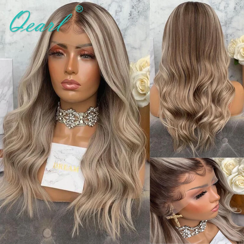 

Full Lace Human Hair Wigs HD Lace Front Wig Transparent Platinum Ash Blonde Highlights Natural Frontal Wigs 180% Glueless Qearl