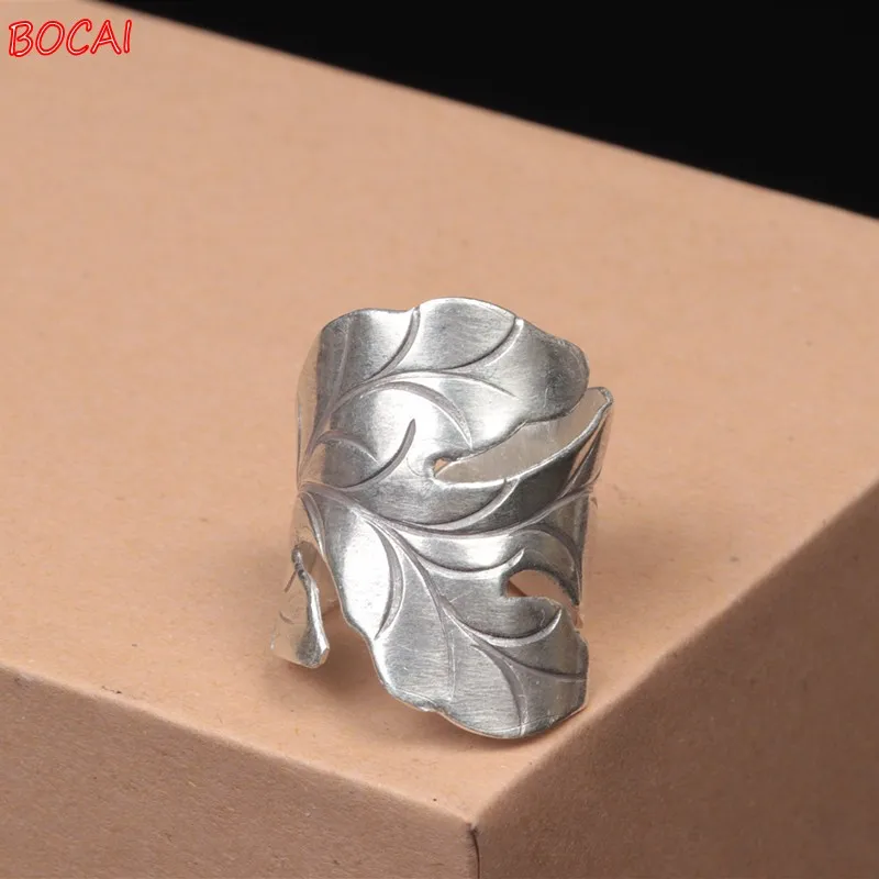 

S925 sterling silver leaf leaf ring retro wide open index finger ring female