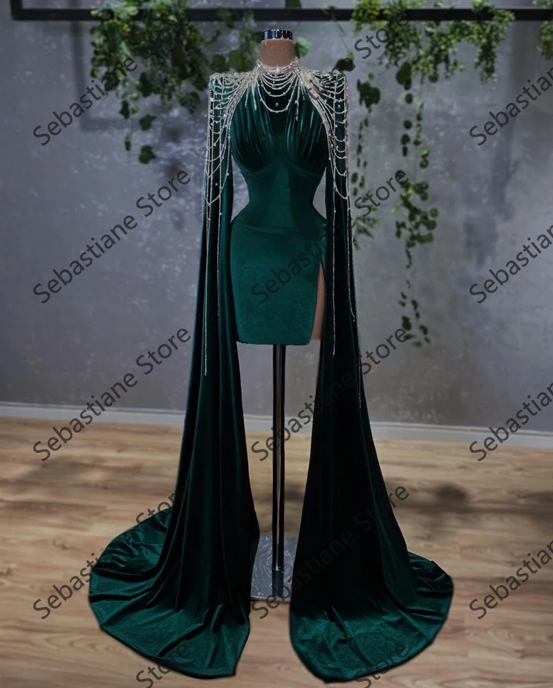 Velvet Luxury Elegant Prom Dresses High Neck With Wrap Crystals Short Mini Length Women Evening Party Pageant Gowns Custom Made