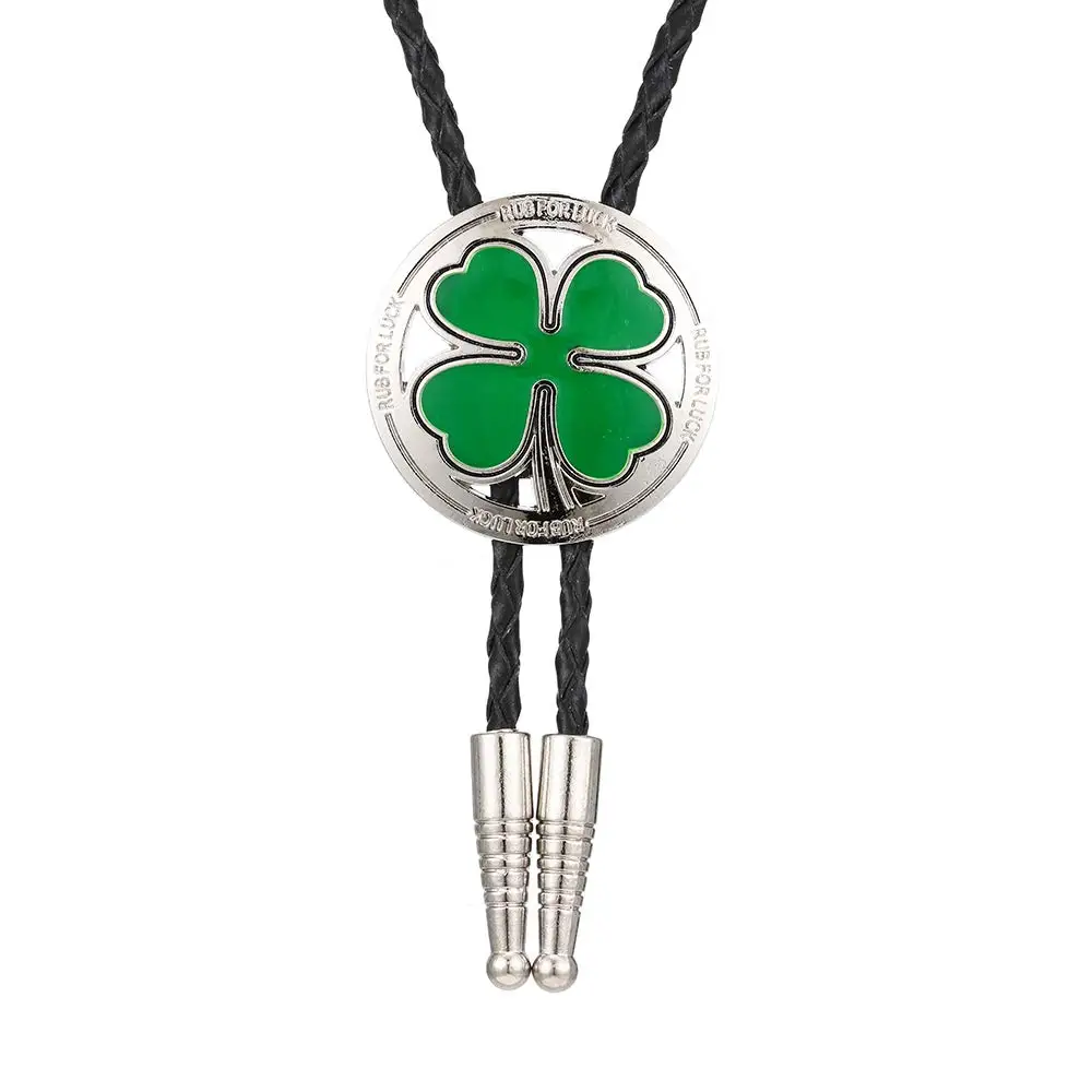 Green Clover round  bolo tie for man Indian cowboy western cowgirl leather rope zinc alloy necktie