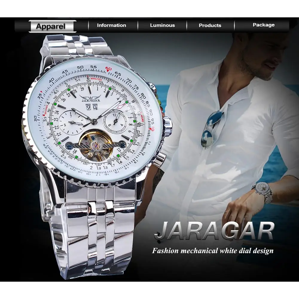 Jaragar clássico tourbillon masculino relógio mecânico branco calendário automático grande dial banda de aço inoxidável militar piloto relógio de