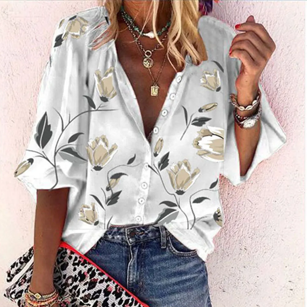 Gentillove Summer Lesure Blouses Women\'s Floral Print V Neck Loose Shirts Oversized Single-breasted Tops Vintage Tunics