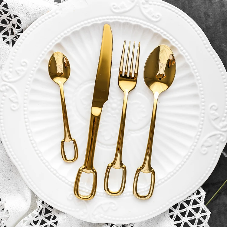 Hangable gold household 304 stainless steel knife, fork, spoon, 3-piece set of Western tableware