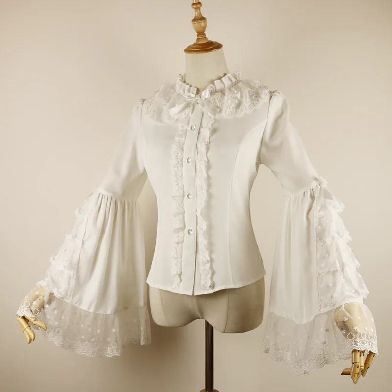 White Lace&Chiffon Ruffle Neck Flare Sleeve Sweet Lolita Blouse Victorian Steampunk Top Gothic Clothes Vintage Blouses For Women