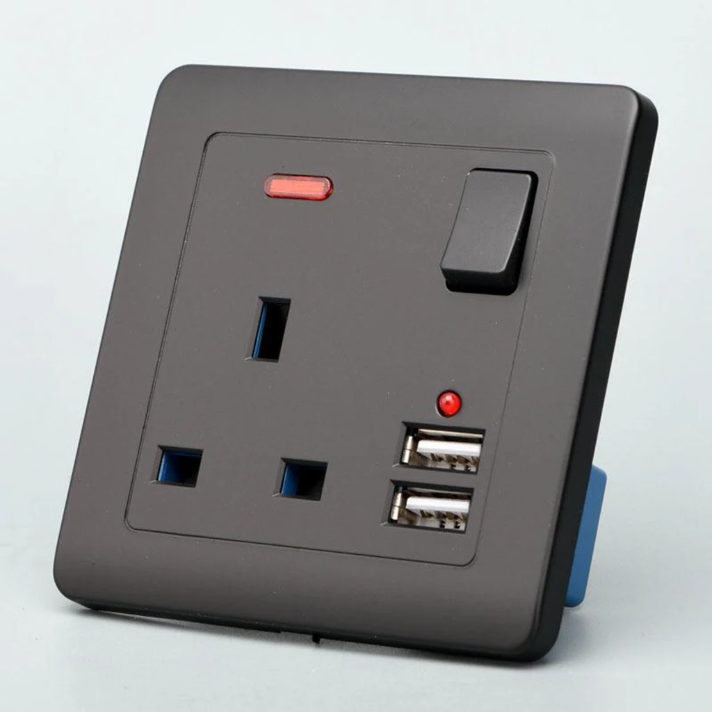 Electrical Wall Socket UK Plug 2 USB Charger Port Outlets Plate 13A Black 2 Gang 2 USB Charger Port Outlets Plate