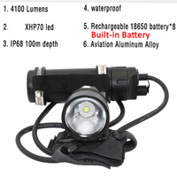 Underwater XHP70 LED Diving flashlight Bulit-in Battery Waterproof Split wrist Led light Scuba dive Torch Lamp Light