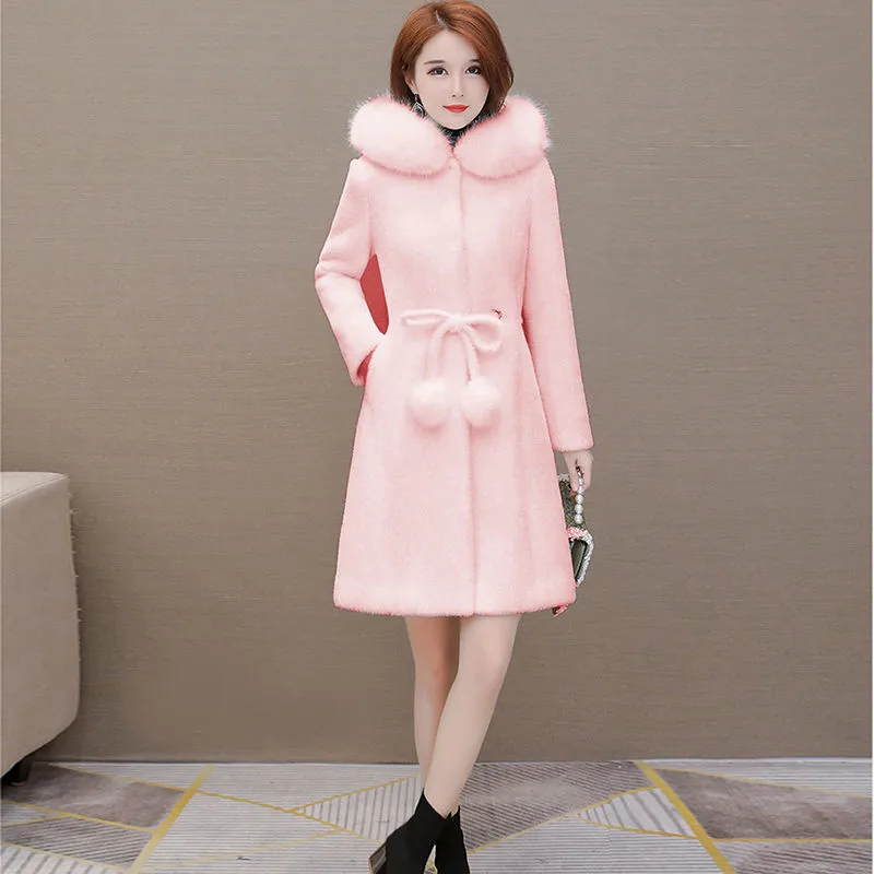 Mink Fleece Jacket Women Foreign Style2024New Winter Coats Mid-Length Overcoat Hooded Woolen Coat Female Lace-UP Ladies Outwear