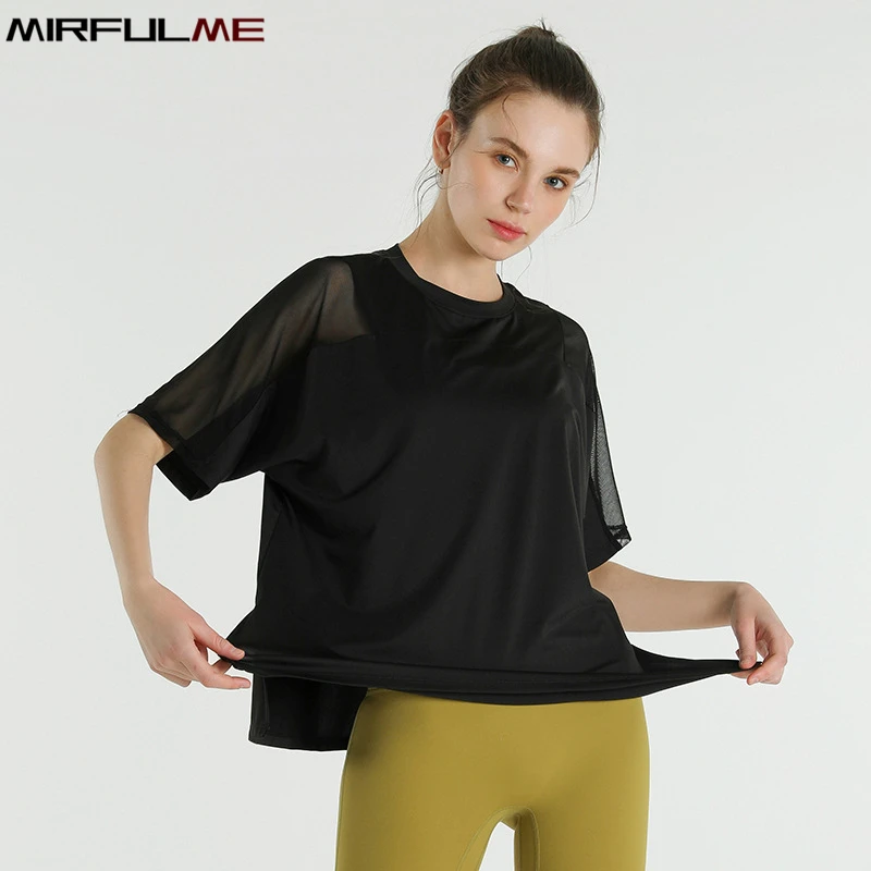 Summer Women Loose Yoga Shirts Mesh Short Sleeve T-Shirt Forked Running Sport Shirt Oversized Gym Workout Tees Top Blouse Female