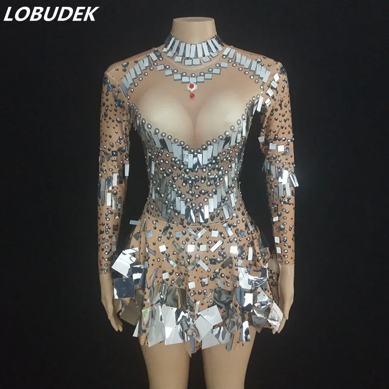 

Women Dance Group Shiny Mirror Sequins Mini Dress Stage Performance Clothes DJ Nightclub Bar Singer Dancer Sexy Dance Costume