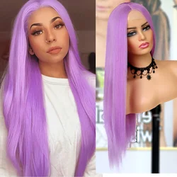 Perruque Lace Wig synthétique sans colle, cheveux longs lisses, violet clair, fibre de degré de chaleur, perruques pour femmes à la mode