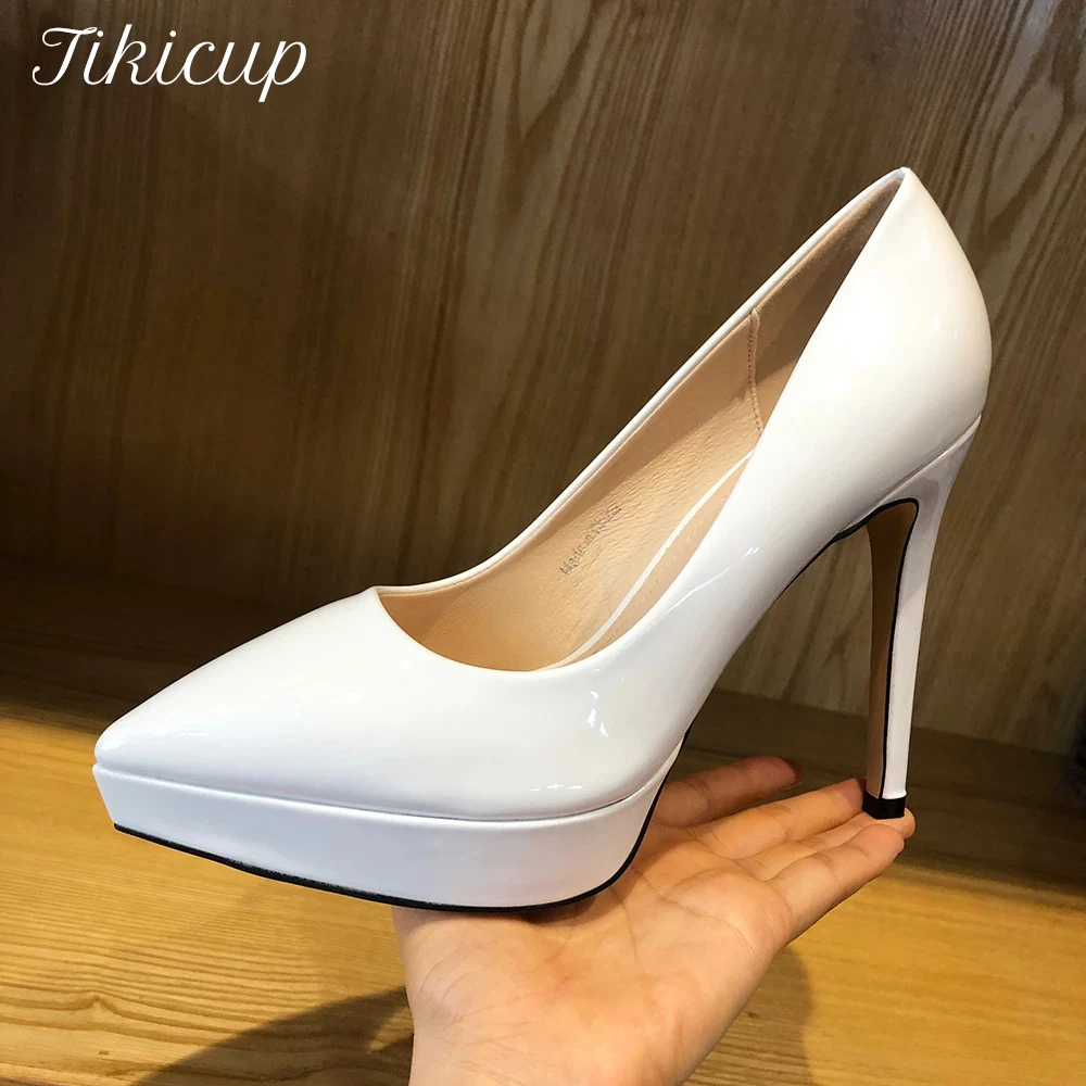 Tikicup Women Glossy Pointed Toe Platform High Heels Elegant Ladies Stiletto Pumps Wedding Designer Dress Shoes Burgundy Black