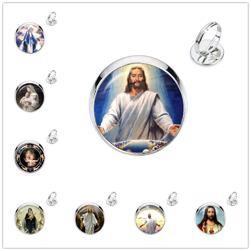 Virgin Mary Mother of Baby Jesus Ring Glass Dome Time Gem Adjustable Rings for Men Women Catholic Christian Jewelry Gift