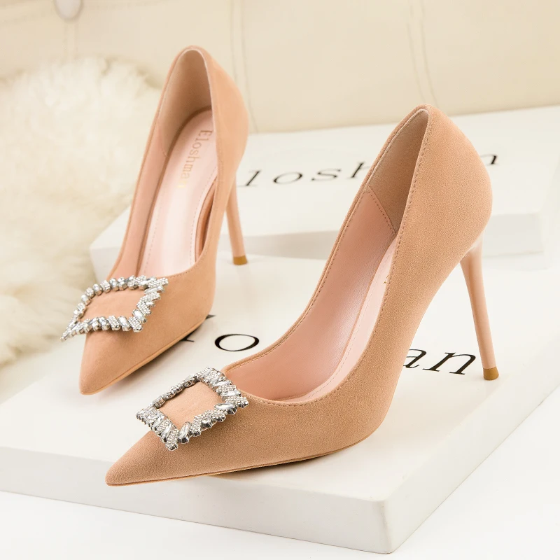 Sexy Korean Suede Women Pumps New Elegant Crystal Metal Buckle Women's High Heel Shoes Autumn Shallow Dress Office Shoe