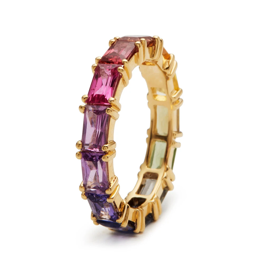 Huitan 5 Farben glänzende kubische Zirkon-Damenringe, goldfarben, für den täglichen Gebrauch, stilvolle, farbenfrohe Ringe, Jubiläumsgeschenk, Schmuck
