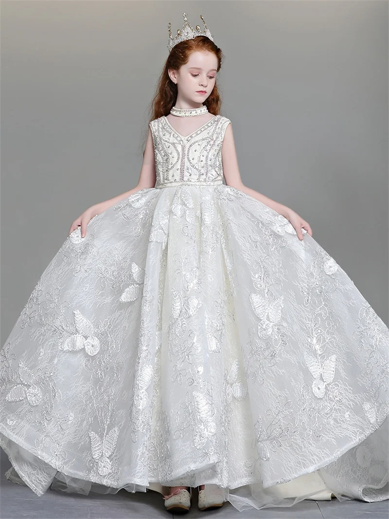 Shining Princess Tulle Scoop ดอกไม้สาวชุดเด็ก First Communion Ball Gown งานแต่งงานชุดรันเวย์แสดงประกวด