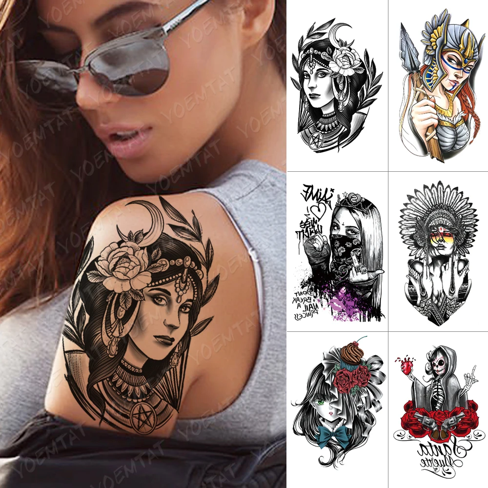 

Waterproof Temporary Tattoo Sticker Gypsy Girl Moon Rose Flash Tattoos Old School Body Art Arm Water Transfer Fake Tattoo Women