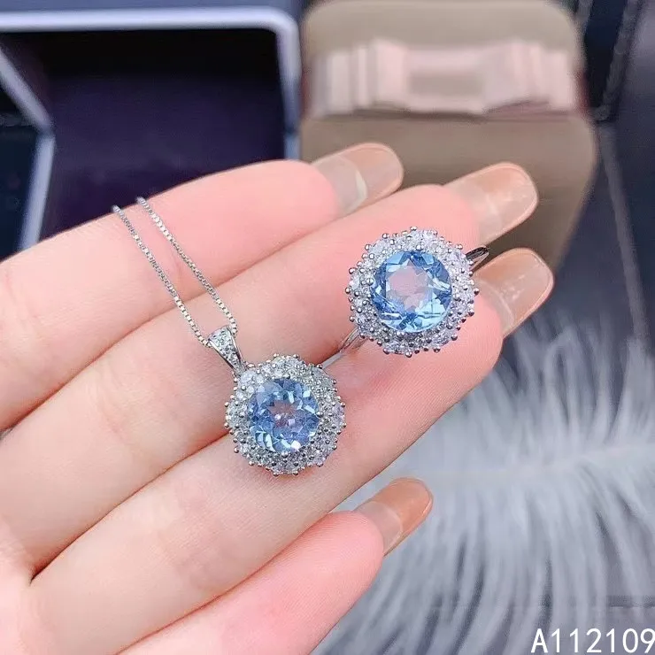 

Fine Jewelry 925 Pure Silver Inset With Natural Gem Women's Luxury Classic Round Blue Topaz Pendant Adjustable Ring Set Support
