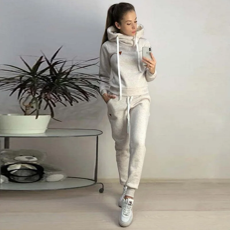 Fashion Sportswear Women 2 Pcs Casual Solid Hooded Long Sleeve Sport Tops+Long Pants Set Sport Winter Running suit