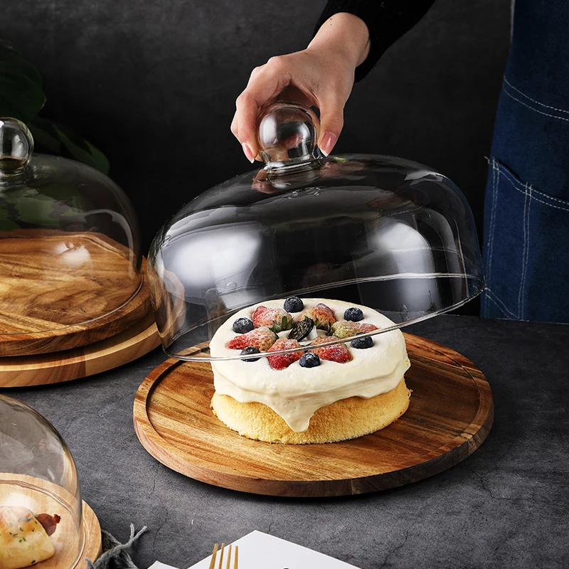 Plateau rond en bois d'acacia avec couvercle en verre rotatif, assiette à dessert, thé de l'après-midi, collation aux fruits, plat à pain