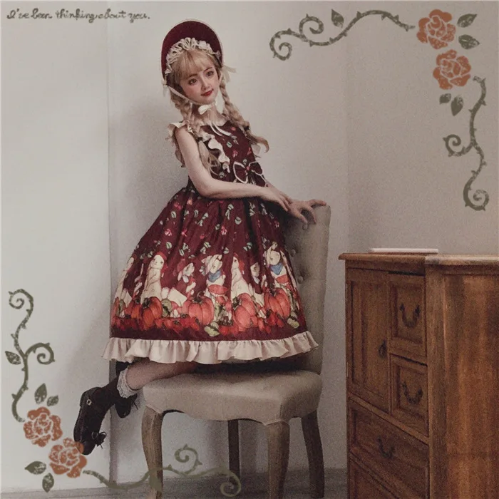 Japanse Zoete Lolita Jurk Vintage Kant Strik Hoge Taille Leuke Printing Victoriaanse Jurk Kawaii Meisje Gothic Lolita Jsk Loli Cos