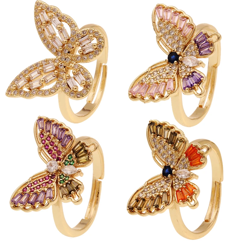 

Fashion Dazzling Gold Color Butterfly Open Cuff Finger Ring Shiny Copper Zircon Ring For Women Cocktail Party Jewelry Gifts