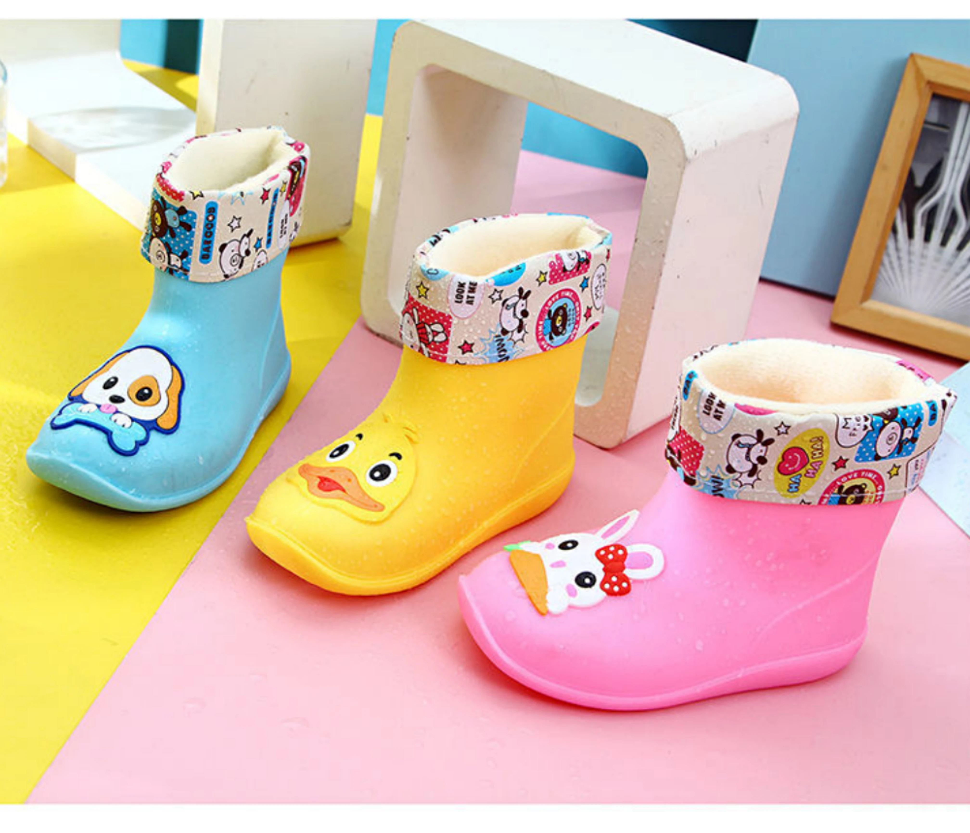 Kid Girls Rain Boots Cartoon Water Shoes with Cotton Liner All Seasons Rain Boots for Children OLOME Baby Boys Waterproof Shoes