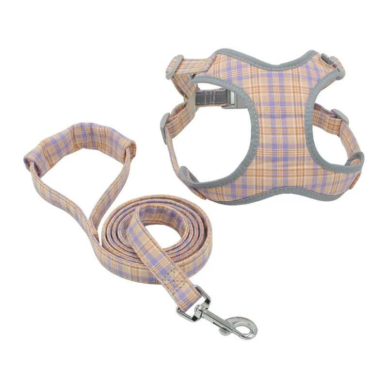 Reflective Plaid Dog Harness and Leash Set for Small Medium Dogs Adjustable Soft Cotton Padded Vest Harness for Walking Control