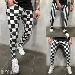 Hirigin-Pantalon crayon décontracté à carreaux rayés pour hommes, Slim, Confortable, Noir, Blanc, Vêtements d'été, Nouvelle mode, 2019