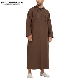 Incerun 2023 Mannen Islamitische Arabische Moslim Kaftan Thobe Lange Mouwen Hooded Robes Saudi Arabië Dubai Jubba Thobe Mannen Moslim Kleding 5XL