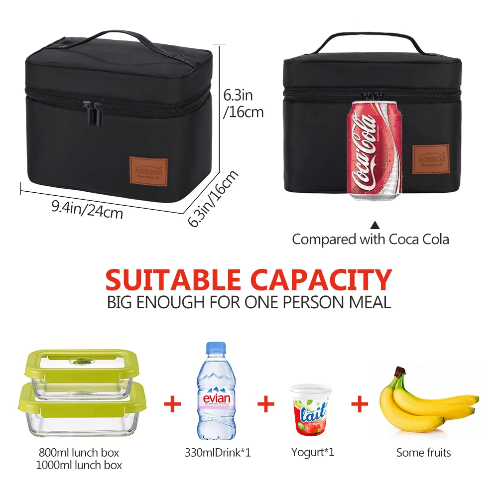 Aosbos Portable Food Picnic Cooler Box bag Black Insulated Daily Lunch Bags  Fashion Thermal Storage Tote Bag for Women Men