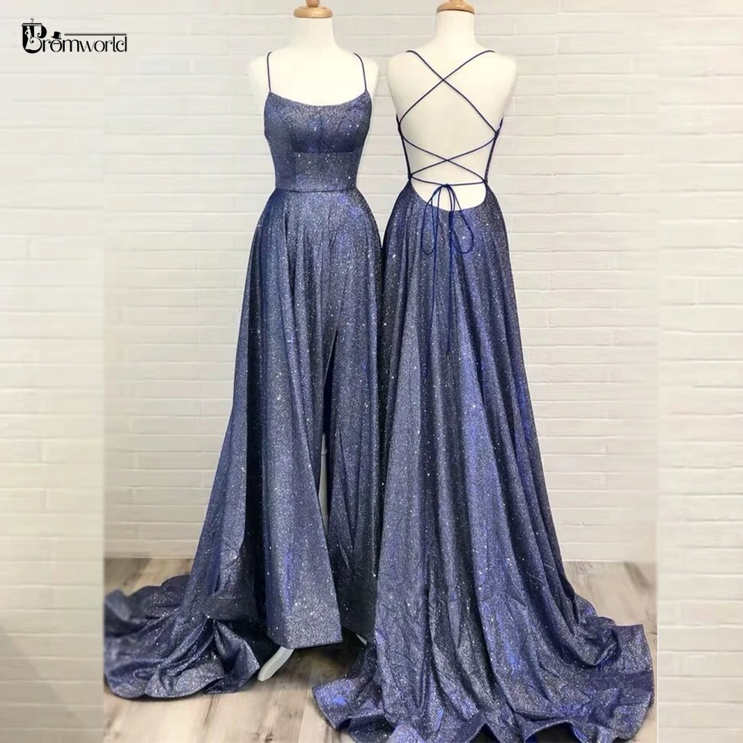 Promworld Sparkly Cross Back Navy Blue Prom Dresses with Pockets A-Line Sexy Split Evening Party Gowns Long Vestidos Formales