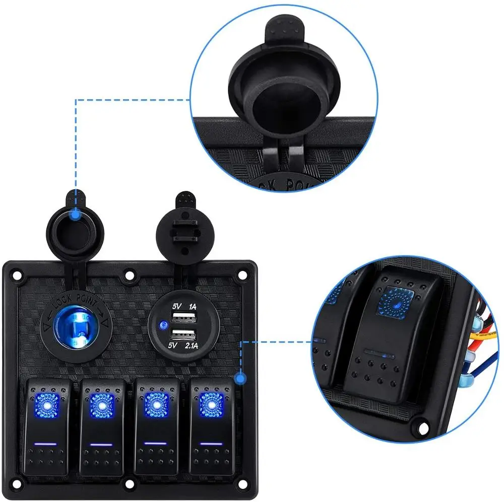 4 Gang Switch Panel Safe Dual USB Socket+Cigarette Lighter Waterproof for RV Yacht Marine Boat Car Truck Overload Protection