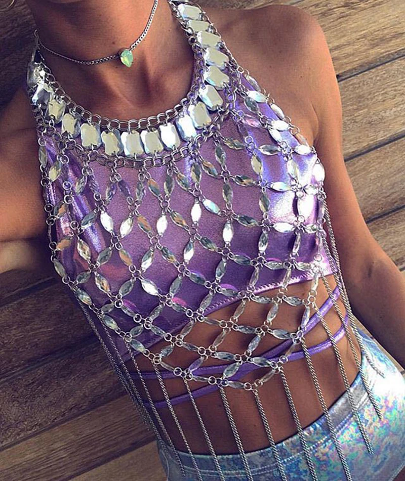 

NEW Body Sexy Bikini Chest Belly Belt Indian Bling Sequin Silver Color Tassel Iron Chain Body Jewelry Women Festival Part