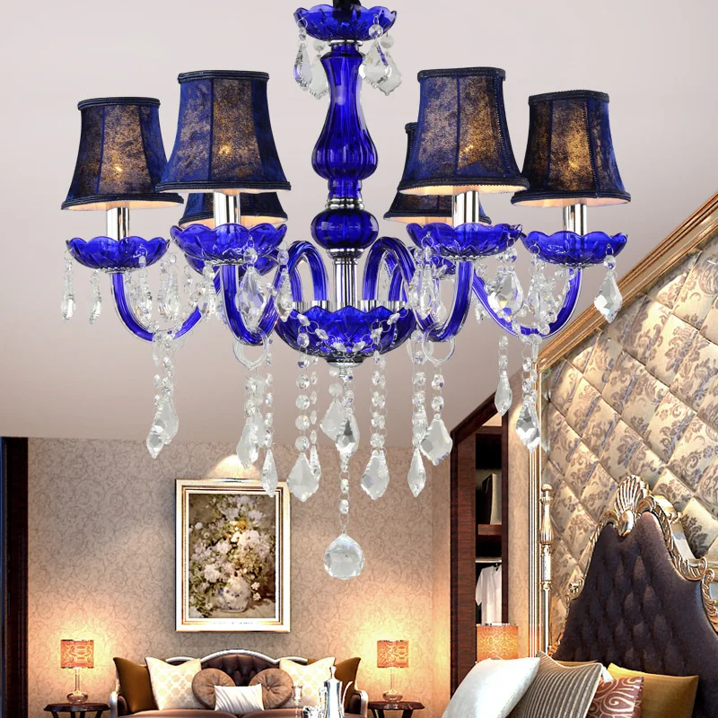 European Luxury Blue Crystal Ceiling Chandelier E14 Pendent Lamp for Restaurant Bedroom Hotel Bar Lobby Decorative Lighting