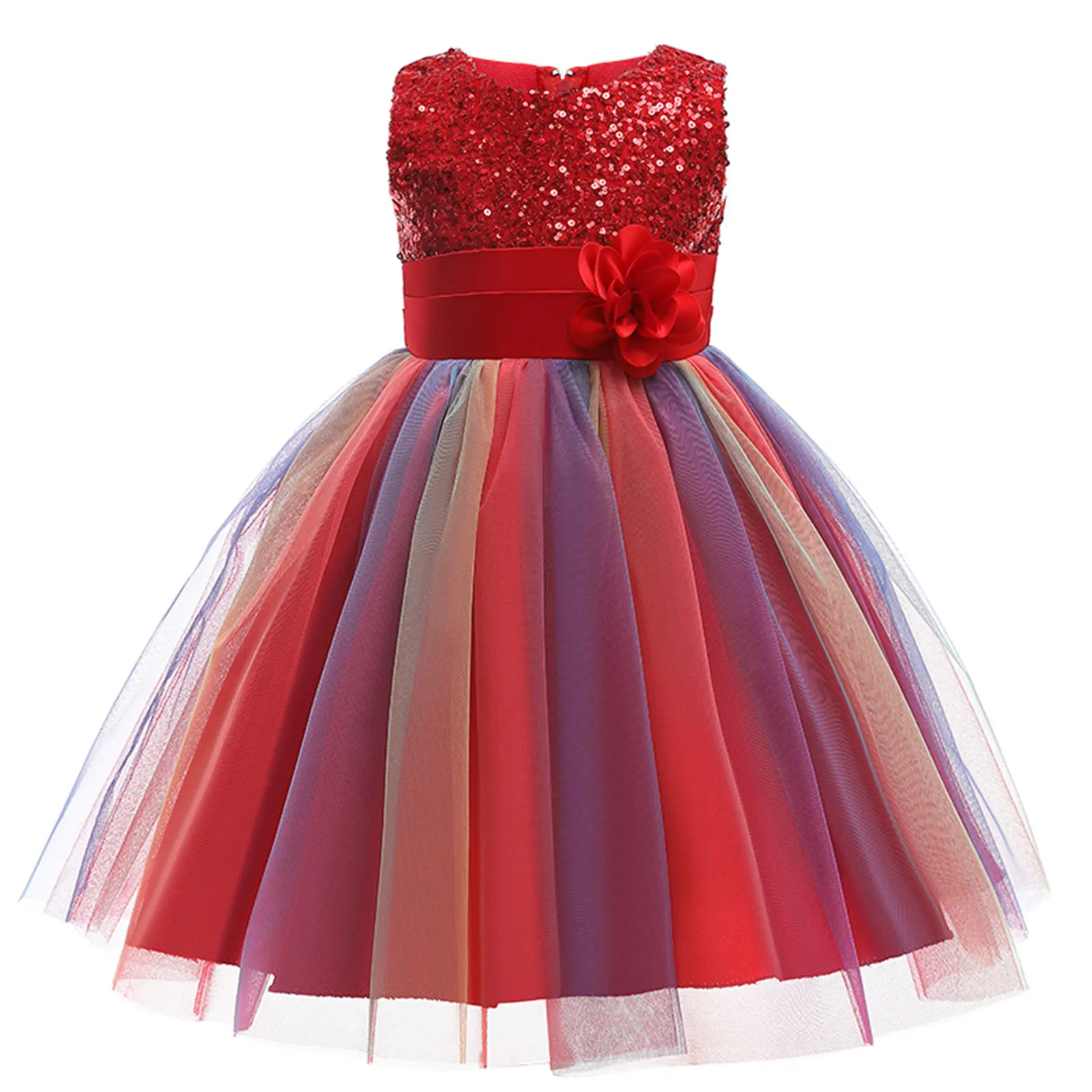 Toddler Baby Girls Formal Dresses Flower Sequins Round Neck Rainbow Mesh Tutu Princess Dress Wedding Party Gown Prom Dress