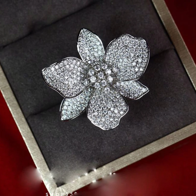 2020 New Bling Zircon Stone Flower Rings for Women Fashion Wedding Engagement Jewelry S925 Sterling Silver Color