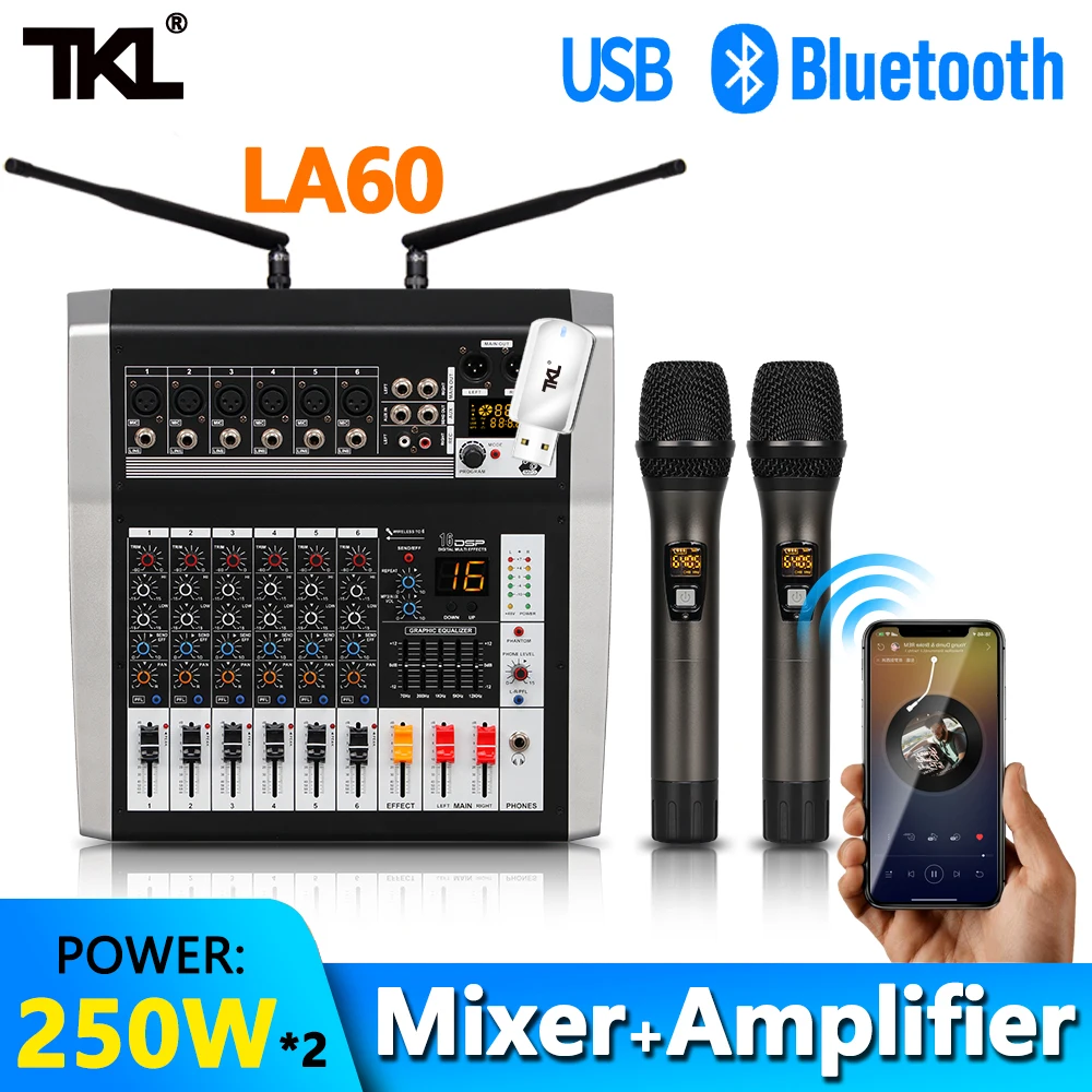 

TKL Professional mixer audio console wireless mic With amplifier 250W*2 6 channel DJ sound Mixer USB Bluetooth MP3 48V phantom