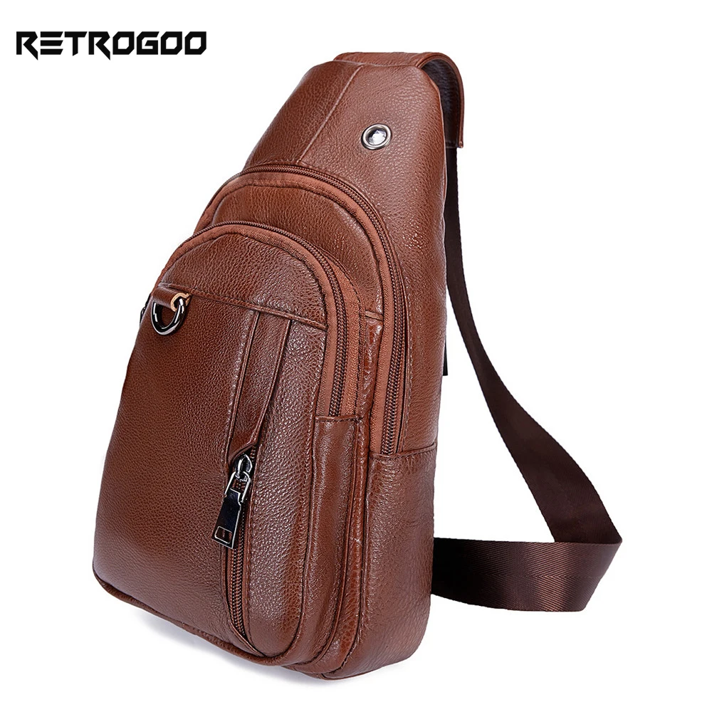 RETROGOO moda prawdziwej skóry Crossbody torby mężczyźni marka mała męska torba na ramię Casual męska muzyka torba na klatkę piersiową torba