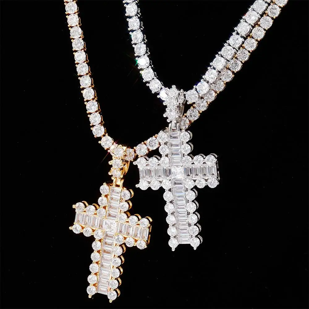 

Ожерелье с подвесками в стиле хип-хоп AAA CZ Stone Bling Ice Out Cross для мужчин, ювелирные изделия в стиле рэпер с теннисной цепочкой 4 мм 18 дюймов