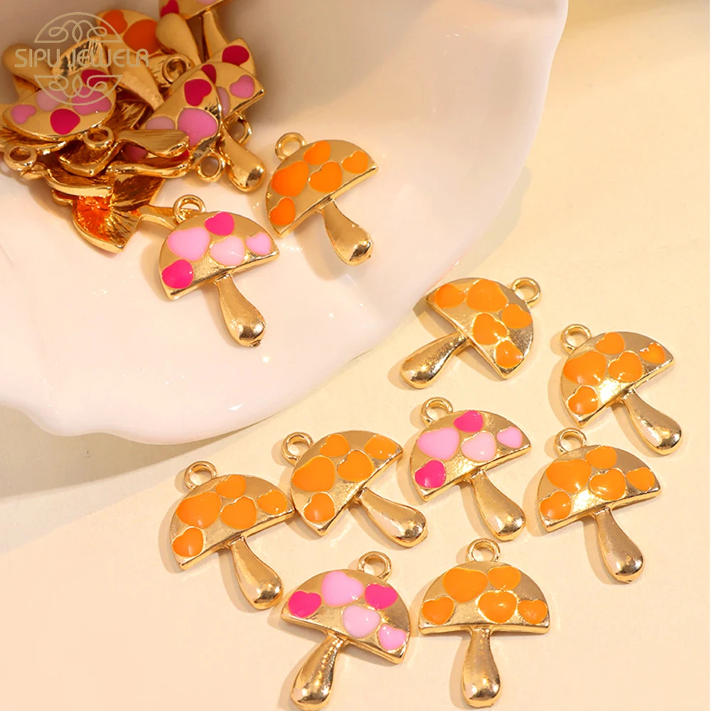 10Pcs/lot Cute Golden Mushroom Charms For Making DIY Necklace Earring Enamel Mushroom Handmade Jewelry Accessories Wholesale