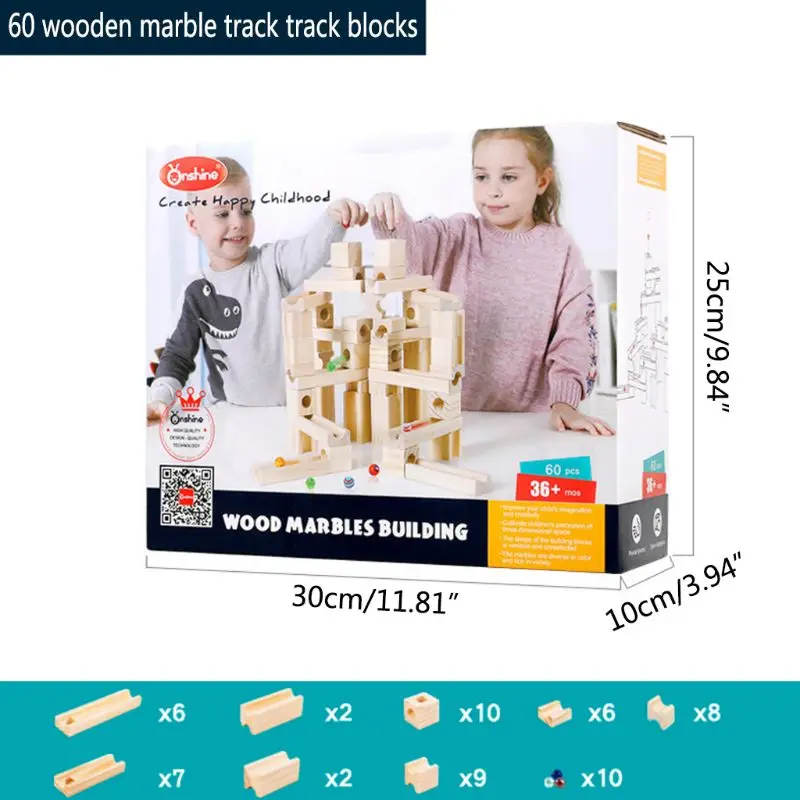 60pcs Wooden Marble Track Assembly Building Blocks Run Maze Ball Puzzle Children Educational Toys Kids Gift