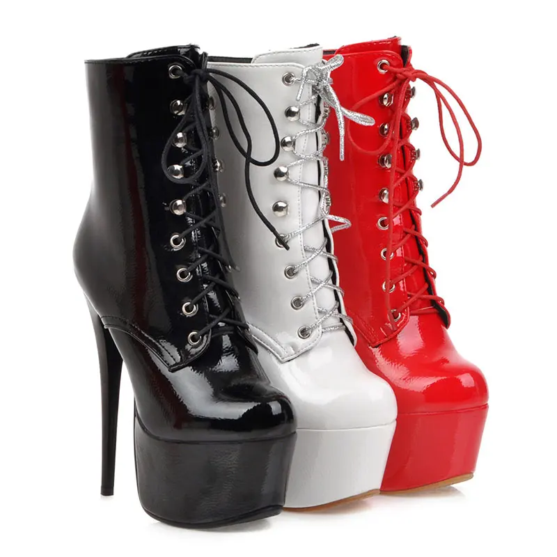 Lasyarrow 16cm heel extreme high heel patent ankle boots lace up sexy fetish pole dance platform boots ladies party shoes woman