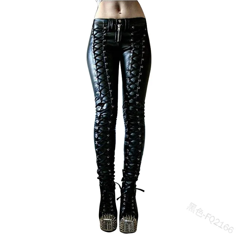 Steampunk Women Faux Leather Pants Carnival Party Skinny Button Trousers Rock Cool Long Pants Streetwear Black/Red S-5XL