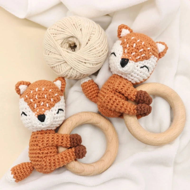 1pc BPA Free DIY Crochet Elk Fox Baby Teether Wooden Teether Ring Rattle Newborn Teething Nursing Soother Molar Educational Toys